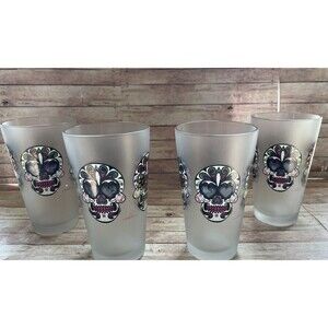 4 Culver Frosted Sugar Skulls Day Of The Dead Glasses 16 Oz / 1 Pint Tumblers